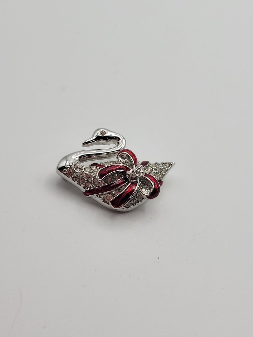 Signed Swarovski Crystal Christmas Swan Silver tone red Brooch